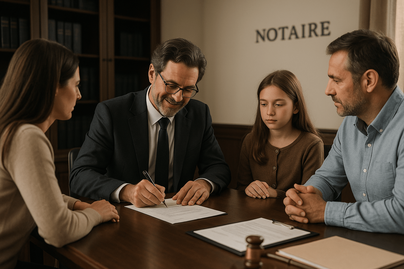 Notaire en train de recevoir une famille dans son bureau.