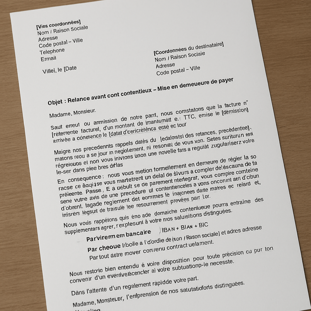 Lettre de relance avant contentieux imprimée sur un bureau en bois