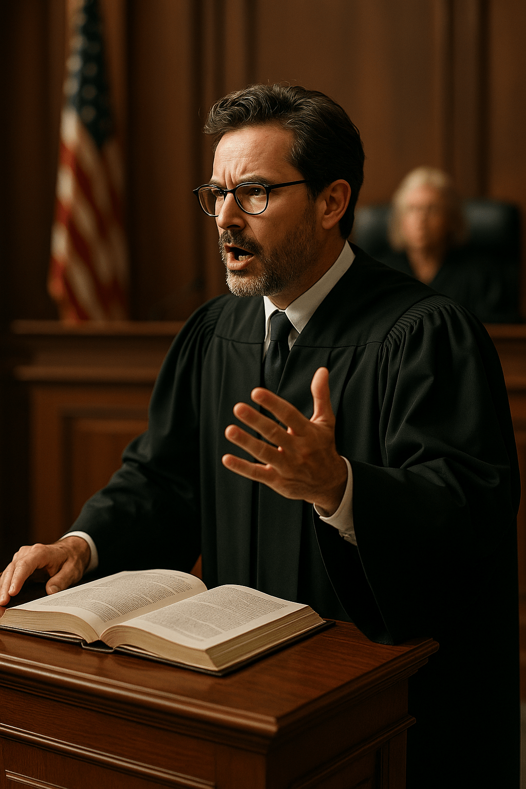 Avocat en robe noire plaidant avec intensité dans une salle d’audience, gros plan réaliste sur son expression concentrée et ses gestes de plaidoirie devant le juge.