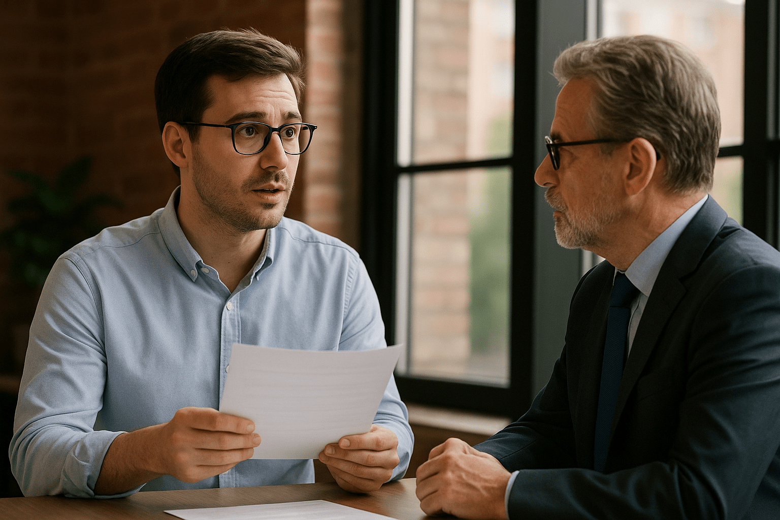 Employé en chemise tenant une lettre de réclamation face à son patron en costume dans un bureau moderne, discussion sur une prime non versée.