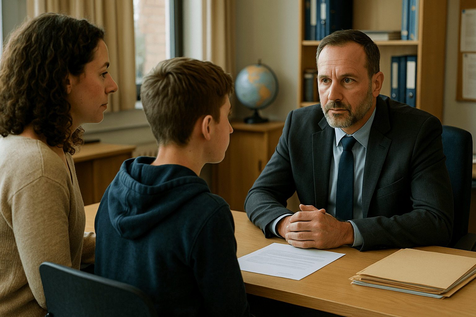 Un parent et son enfant collégien assis face au proviseur dans son bureau, discutant sérieusement d’une Un parent et son enfant collégien assis face au proviseur dans son bureau, discutant sérieusement d’une demande de changement de classe.